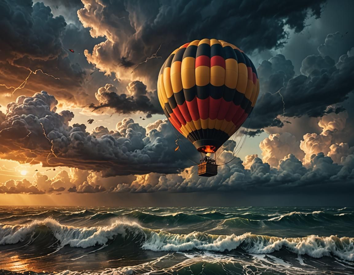 A lonely hot air balloon at the mercy of the storm in a sky ...