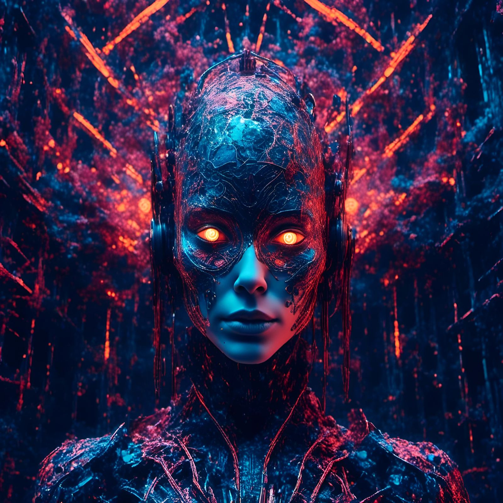 <lora:impact:1.0> <lora:PlusUltraAnime:1.0> extremely-ornate-alien-cyborg-with-geometric-outlines-textured-skin-glowing-neon-colors | psyche...