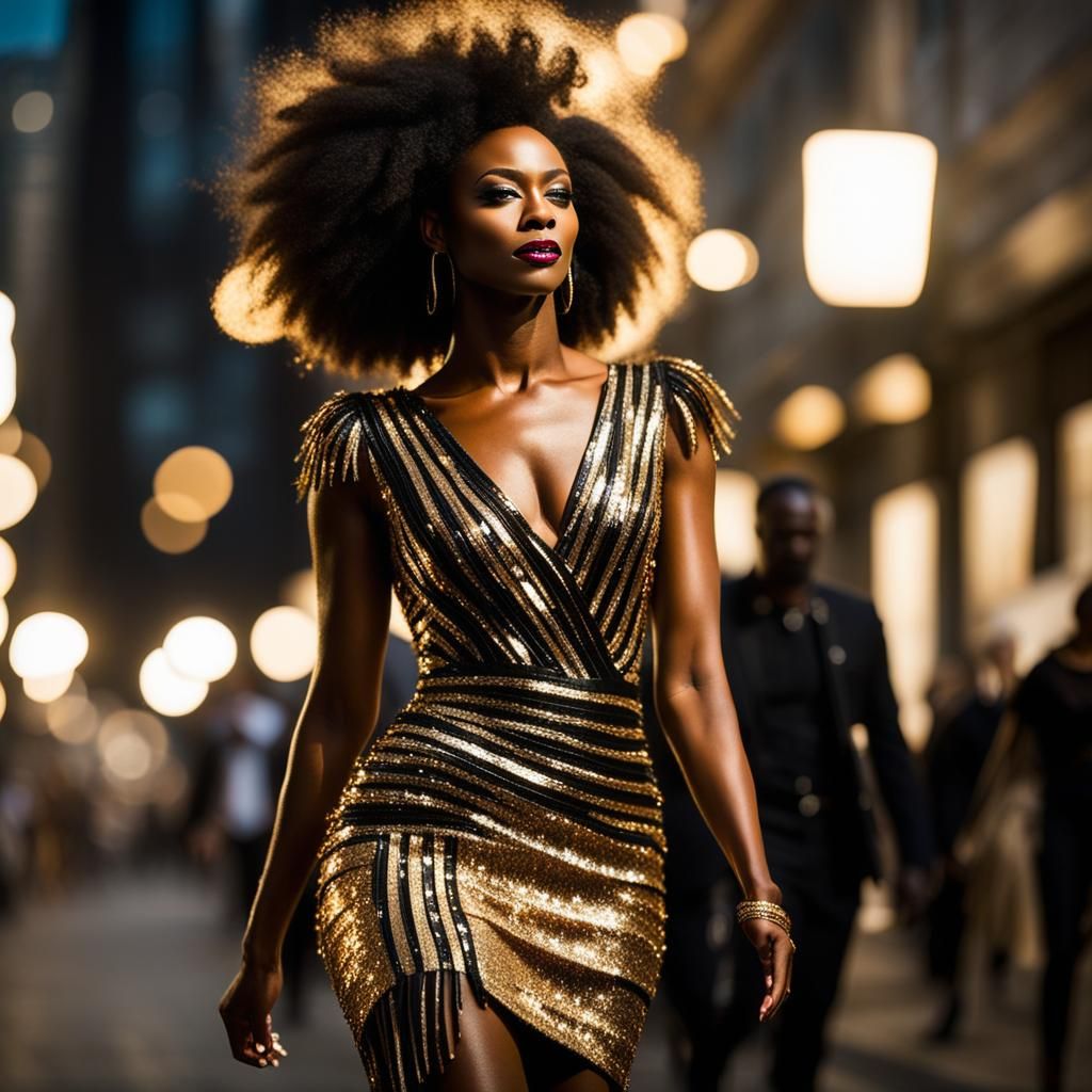 Uma mulher negra usando um vestido dourado com franjas e pae...