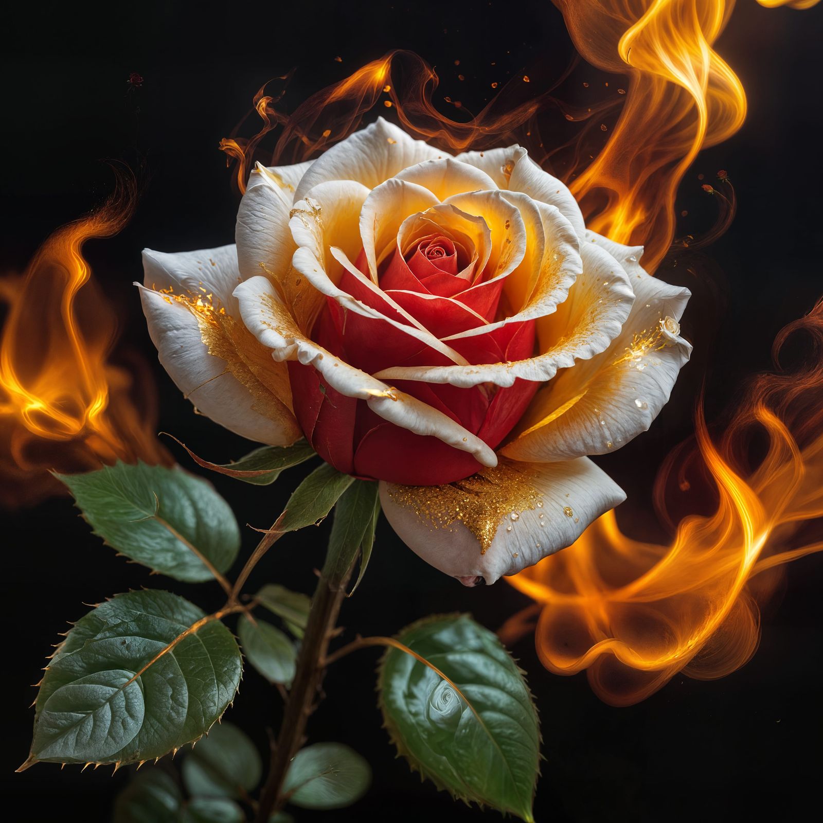 A red rose formed of fire and glowing gold, beautiful, mysterious, white-hot, radiant, fae, award-winning ...  by @SirEdmund