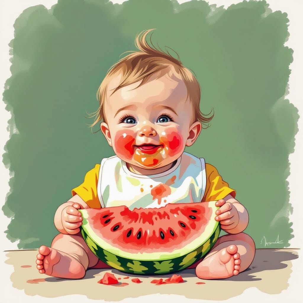 Baby Eating Watermelon with Juice on Face