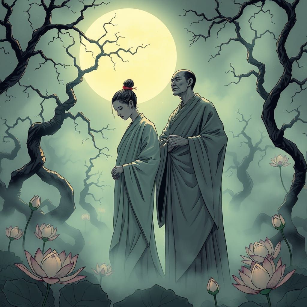 Mystical Garden Scene with Contemplative Figures