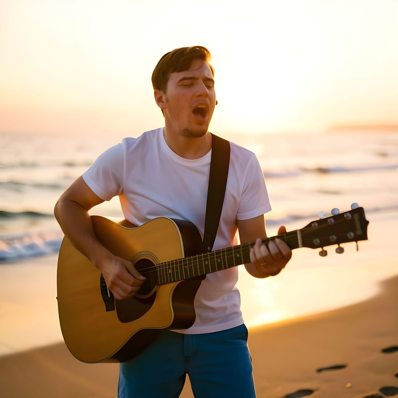 Man Sings and Plays Guitar by the Sea
