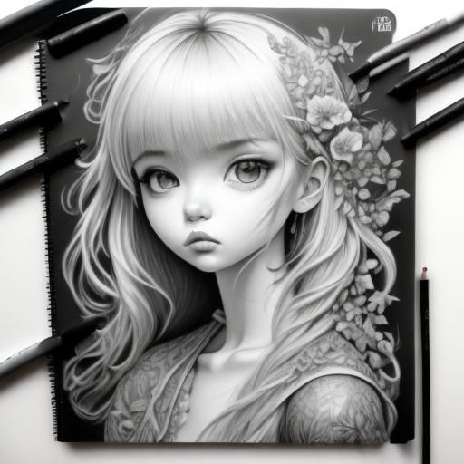 graphite, notebook, black and white, monotone, <lora:Heug-Yeon Migseu RPG:1.0>