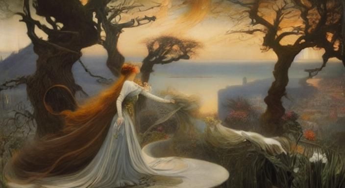 "The lover". Gorgeous, Magical, Intricately Designed, Elegant, Scenic, Hyper-Detailed, Delicate; Complex, Martin Van Maële, pre-raphaelitism...