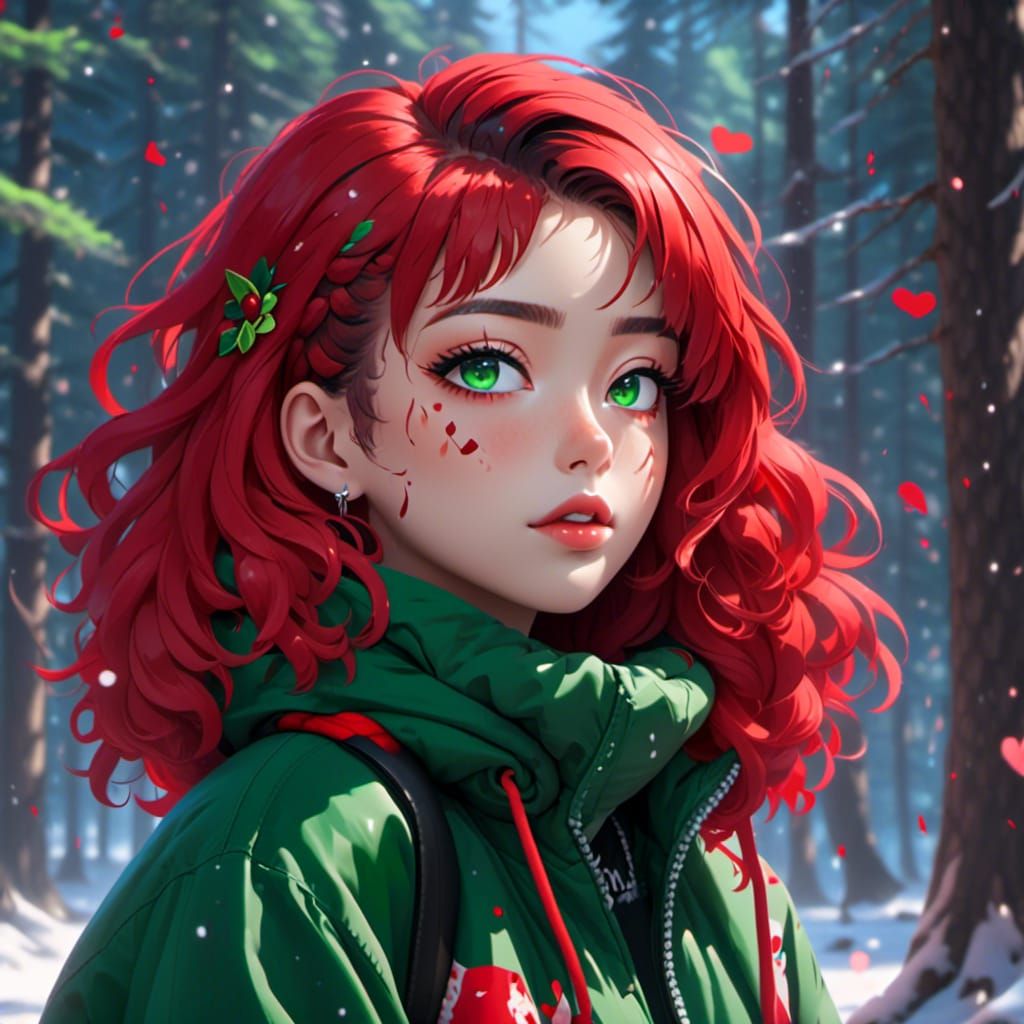 <lora:Eunhagye Bijeon XL:1.0>,, Goth Beautiful Woman, Short Curly Red Hair, Green Multilayered Eyes, Sharp Eyebrows, Forest, Snow, detailed...