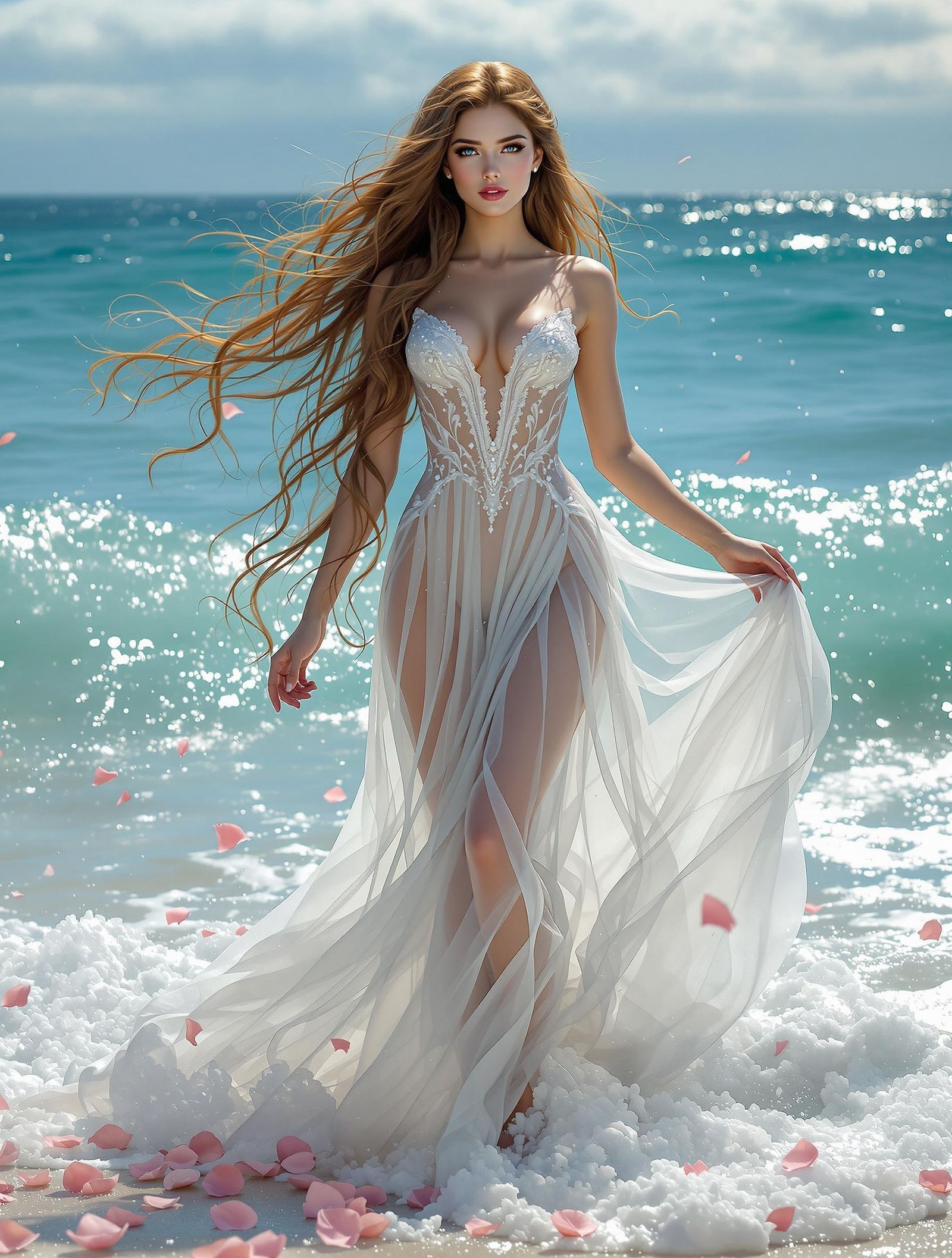 She emerges from the waves