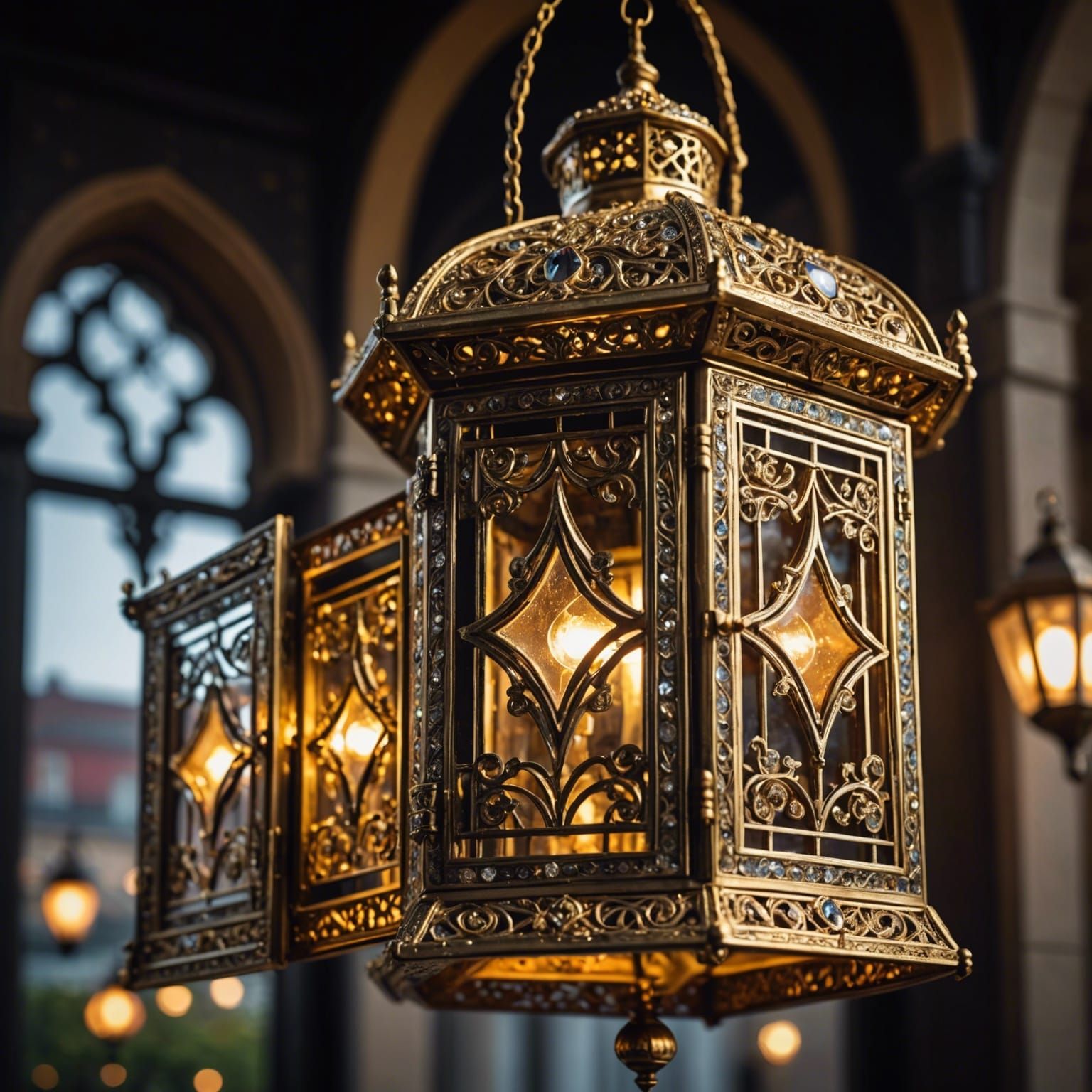 Ornate lantern with gold accents, encrusted with gems