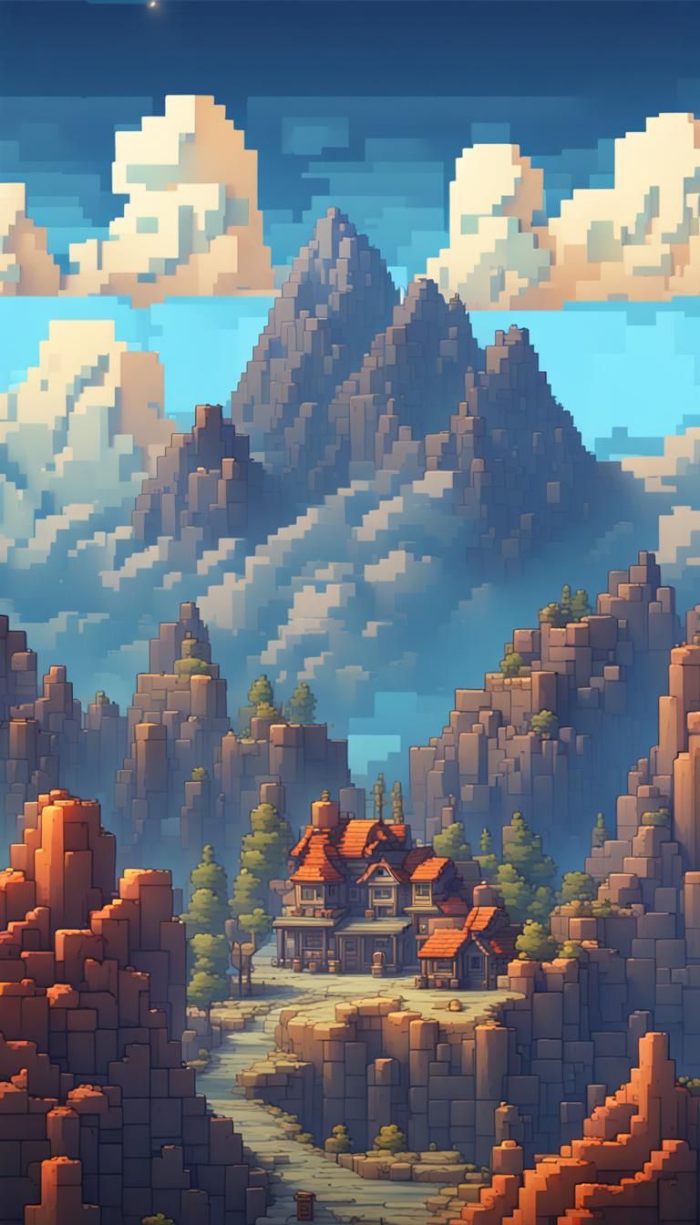 simple pixel art style, skyblue tone sky above mountain with Tiles in ...