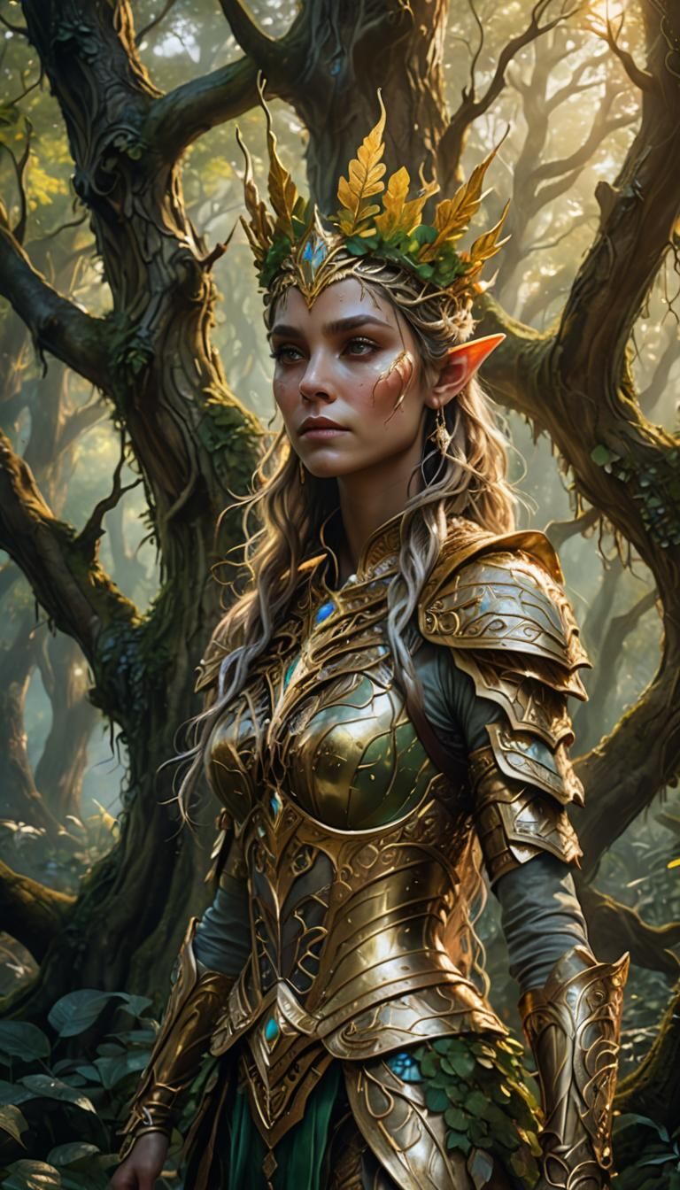 A beautiful queen elf woman in a beautiful and detailed gold armor, in a beautiful and fairy forest landscape