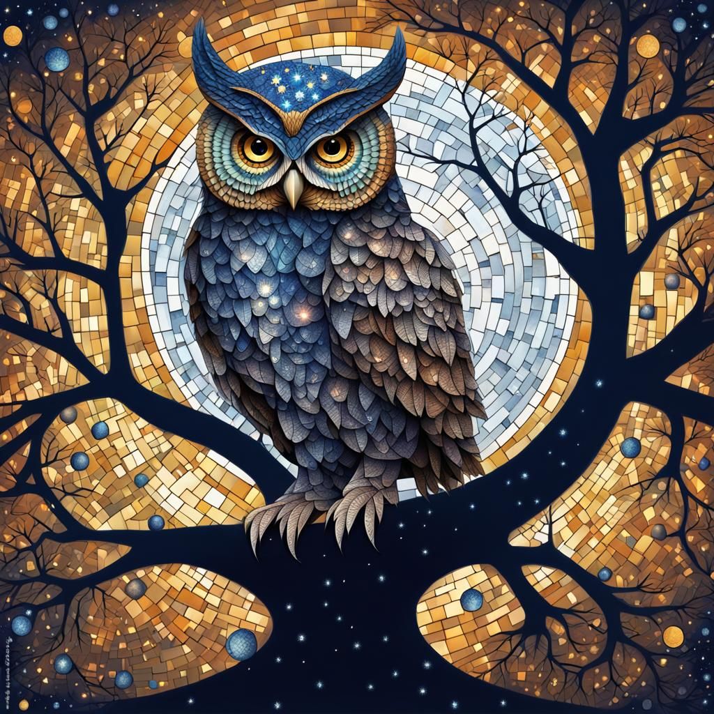 Intricate Mosaic Owl Under Starry Night Sky