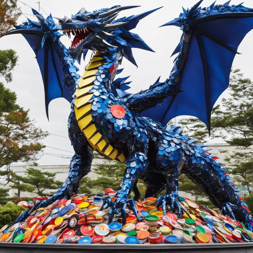 A colorful junk giant dragon statue made of colored bottle caps, spoons