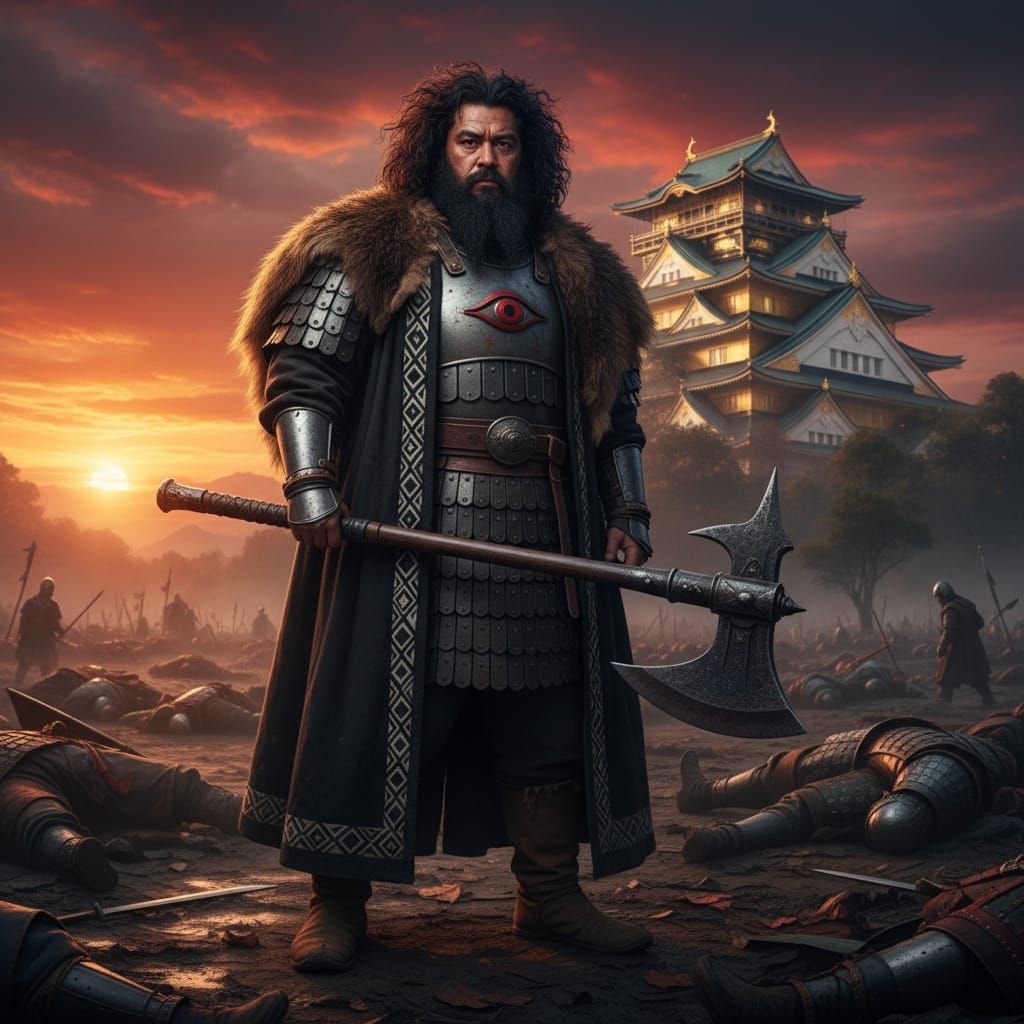 Ax-man of far-Rhun with australoid facial featurers, wild black curly bushy hair with a long bushy beard tucked into his iron belt,short bro...