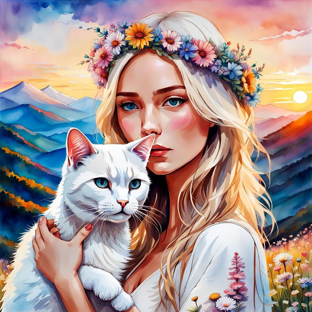 Blonde pretty girl with flower crown holding beautiful white...