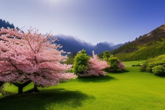 A beautiful mountain summer landscape with fruit trees in bl...