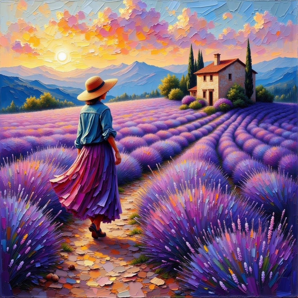 The woman walks up the path between the gently blowing lavender, towards her home whilst the sun slowly sets.