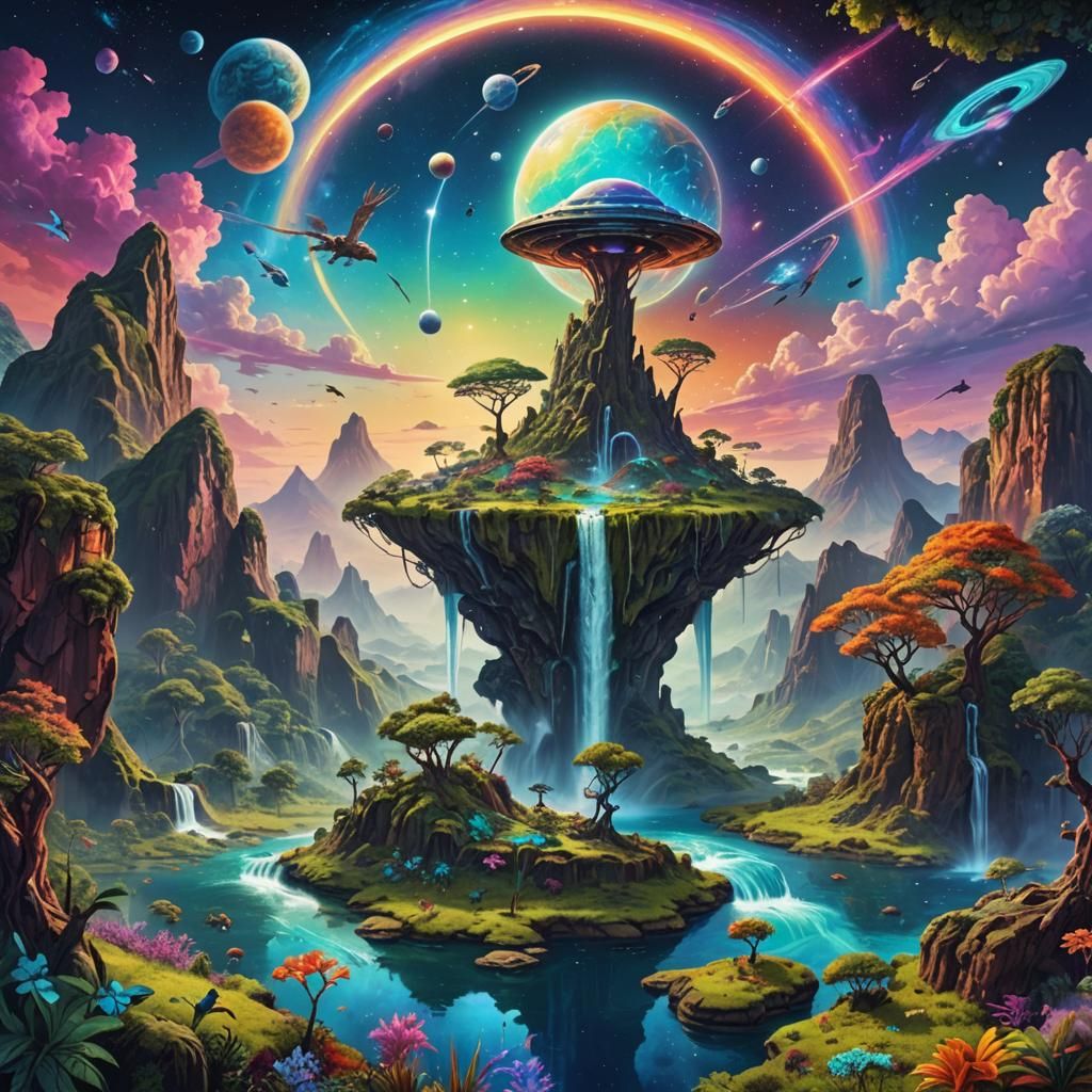 An alien planet with lush colorful wildlife and the sky is v...