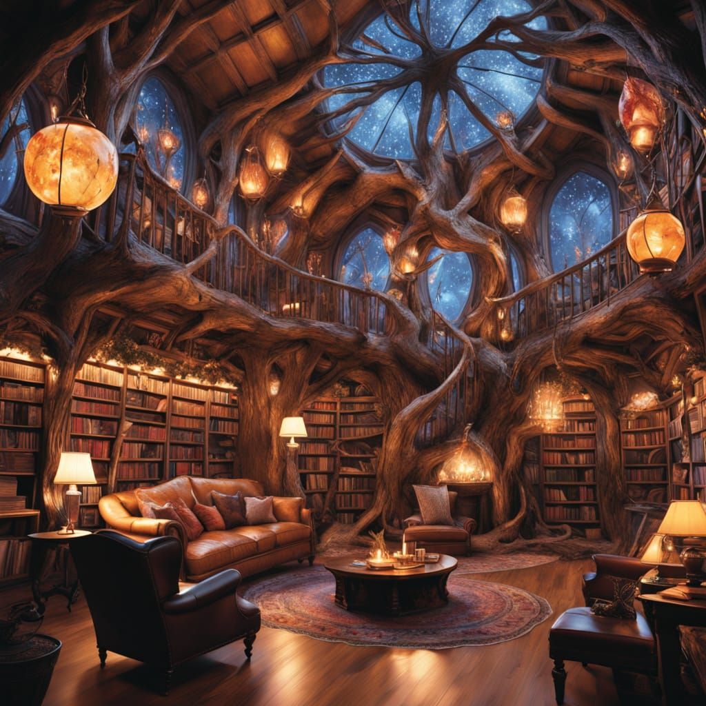 A quiet library tucked inside a gnomish treehouse  by @Thyke