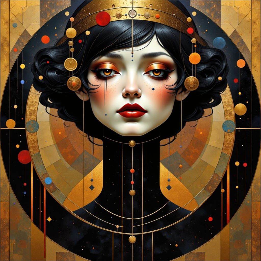 Parlour with 1920s flapper in black and gold, Art Deco style <lora:Earth and blends:1.0>