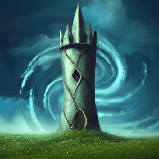 Tall witches tower on pale green grass with a swirling blue ...