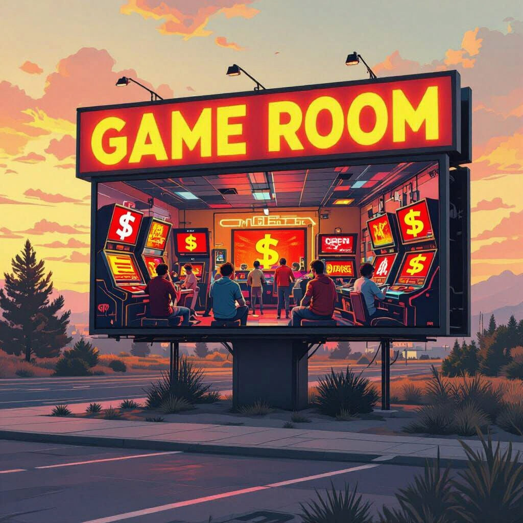 A roadside 12’ x 6’  billboard design for a torch electronics no chance gaming game room offered to the public connected to lake hills motel...