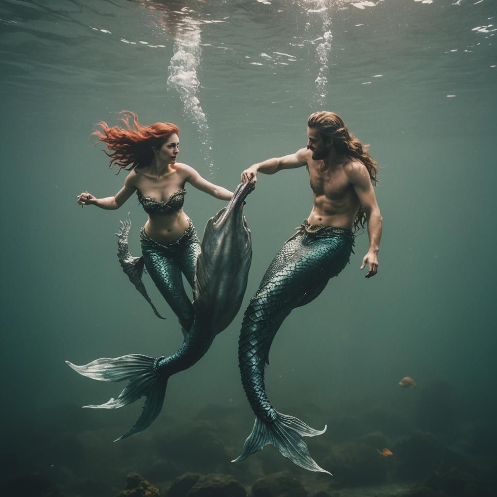 The terrifying mermaid and merman of the sea. Cinematic film...