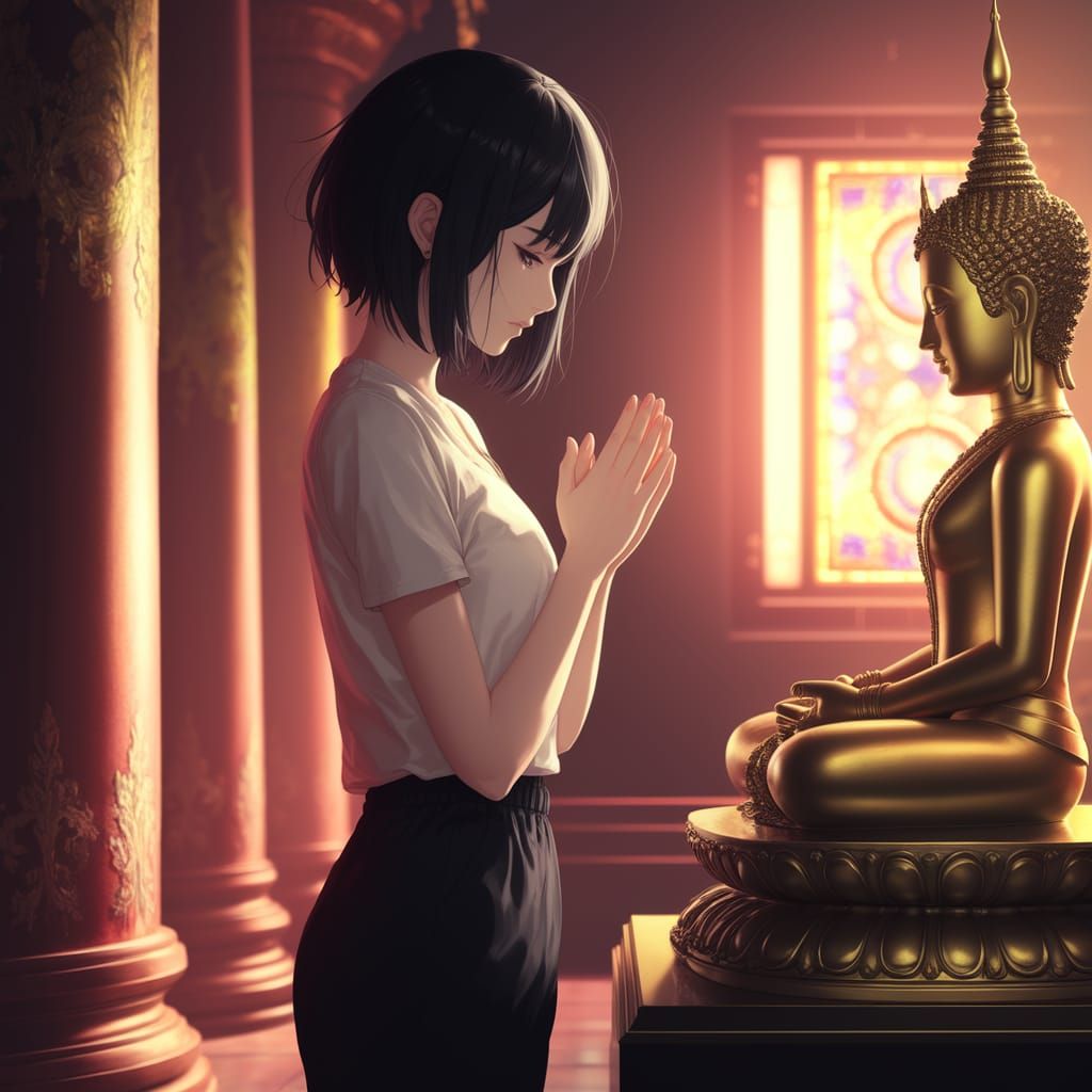 Solemn Anime Woman Prays in Traditional Thai Temple