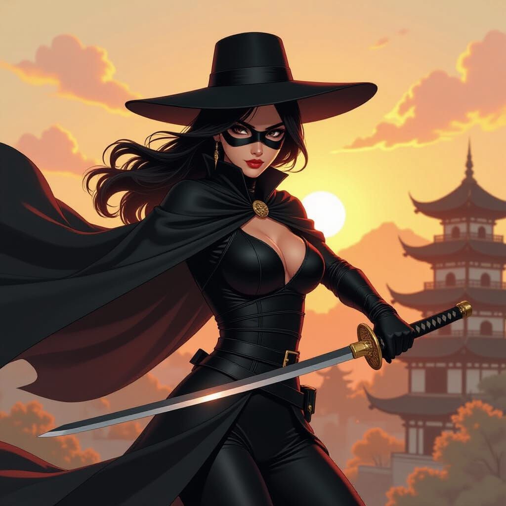 A beautiful Korean woman is dressed like Zorro and strikes a dynamic pose with her sword.  She wears a black eye mask and wears a black wide...