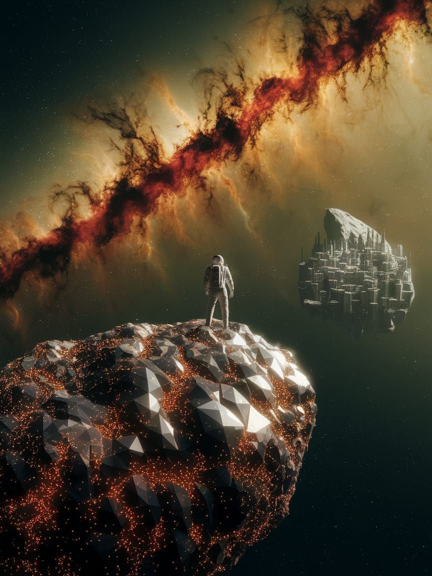 A lone astronaut stands on the edge of a colossal, crystalline asteroid, gazing out at a vibrant, swirling nebula. The asteroid itself is te...