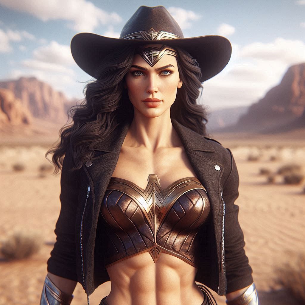 Wonder Woman as a cowgirl at a desert in Texas in 1890 due to time displacement