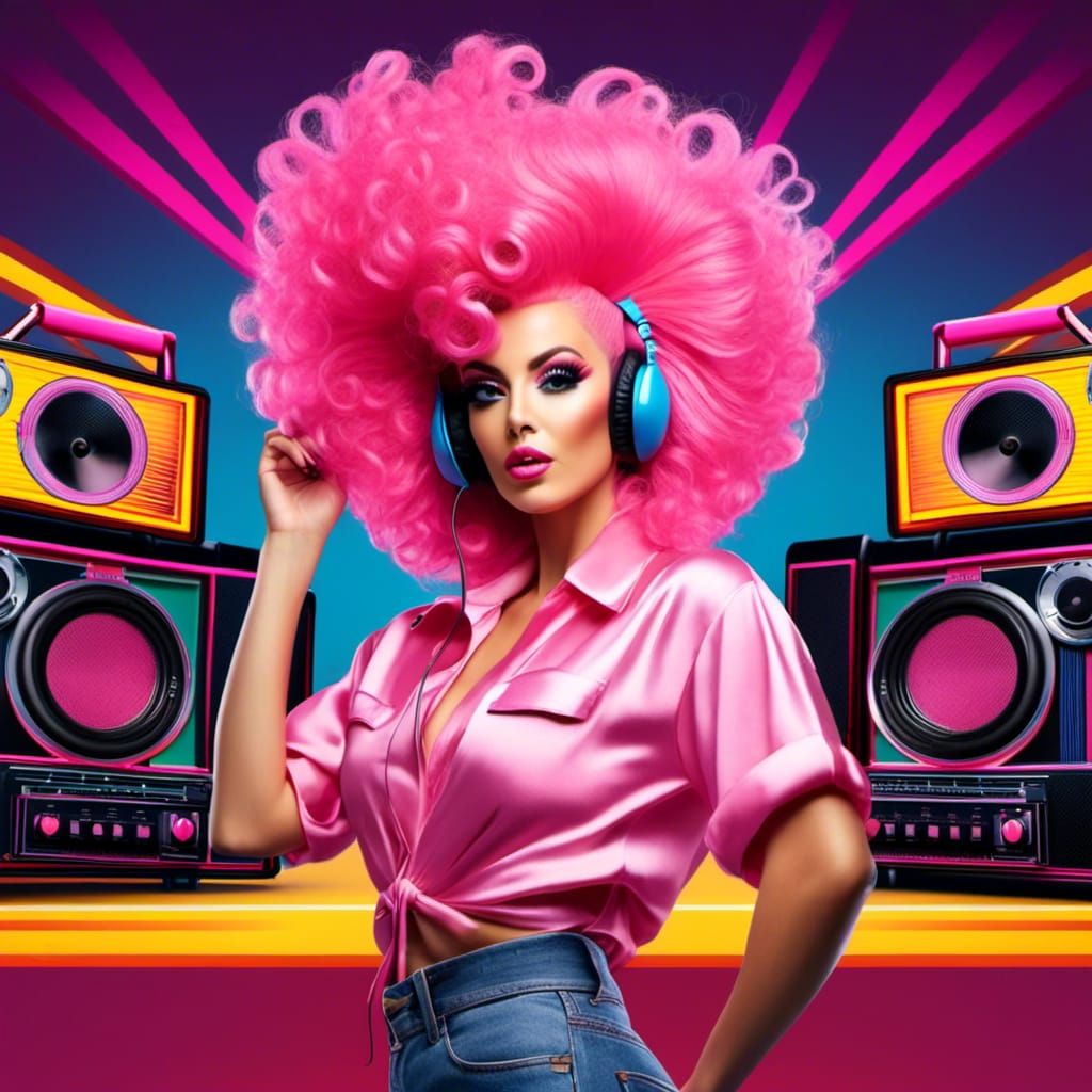  <lora:Eighties Big Hair:1.0> woman with big pink hair listening to a boombox 