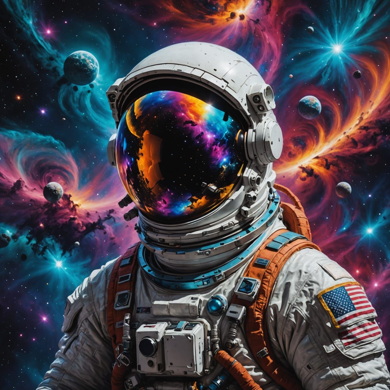 A lone astronaut adrift in a nebula of swirling, vibrant colors, their helmet reflecting distant galaxies. The scene is rendered with hyper-...