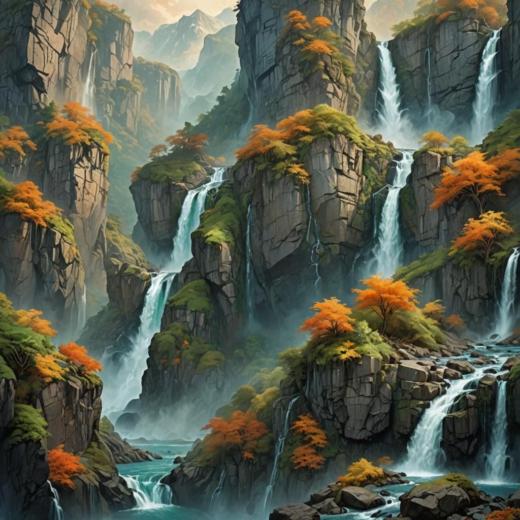 Majestic Waterfalls in Fantasy Landscape
