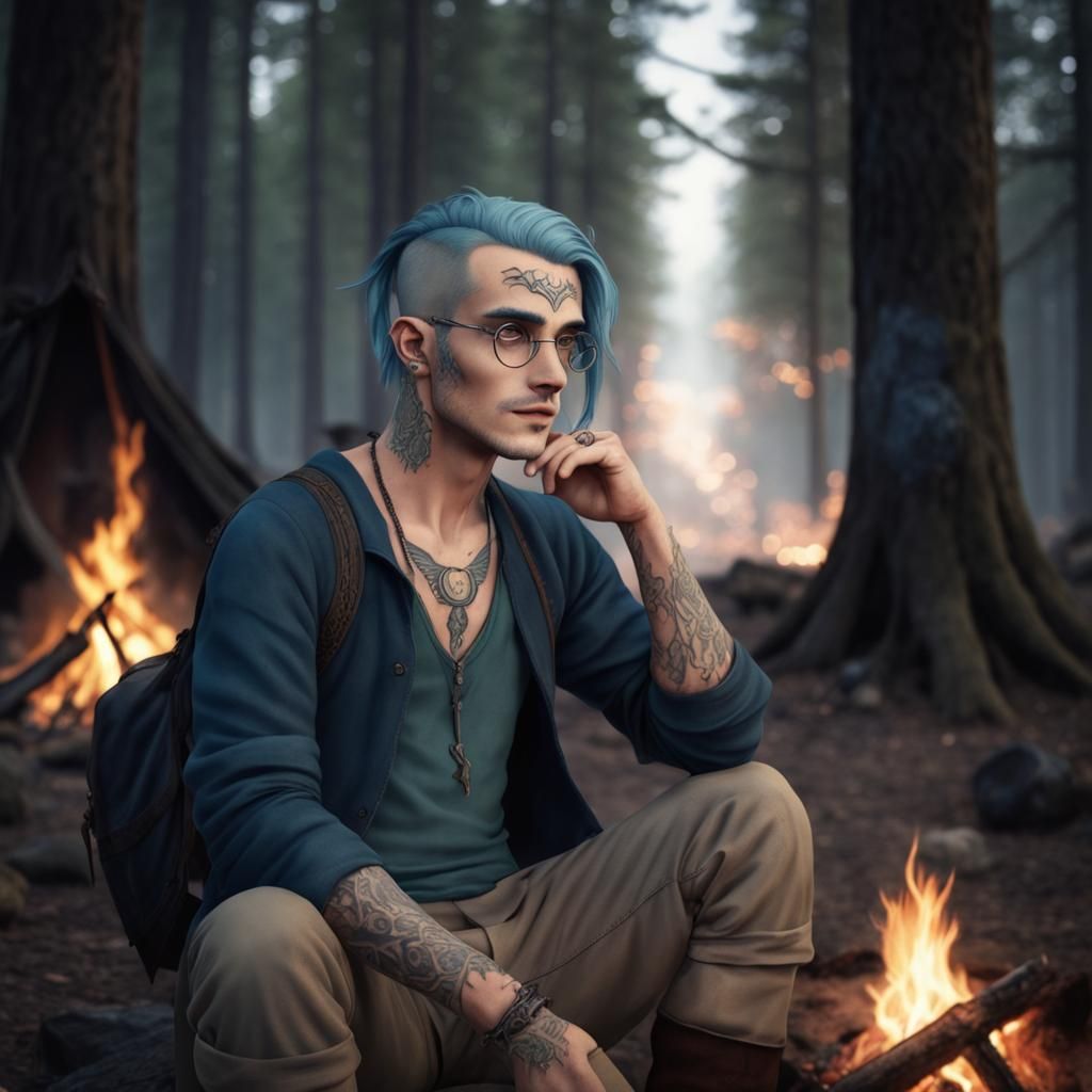 Elvish Male, Travelers clothes, neck tattoos, circle glasses...