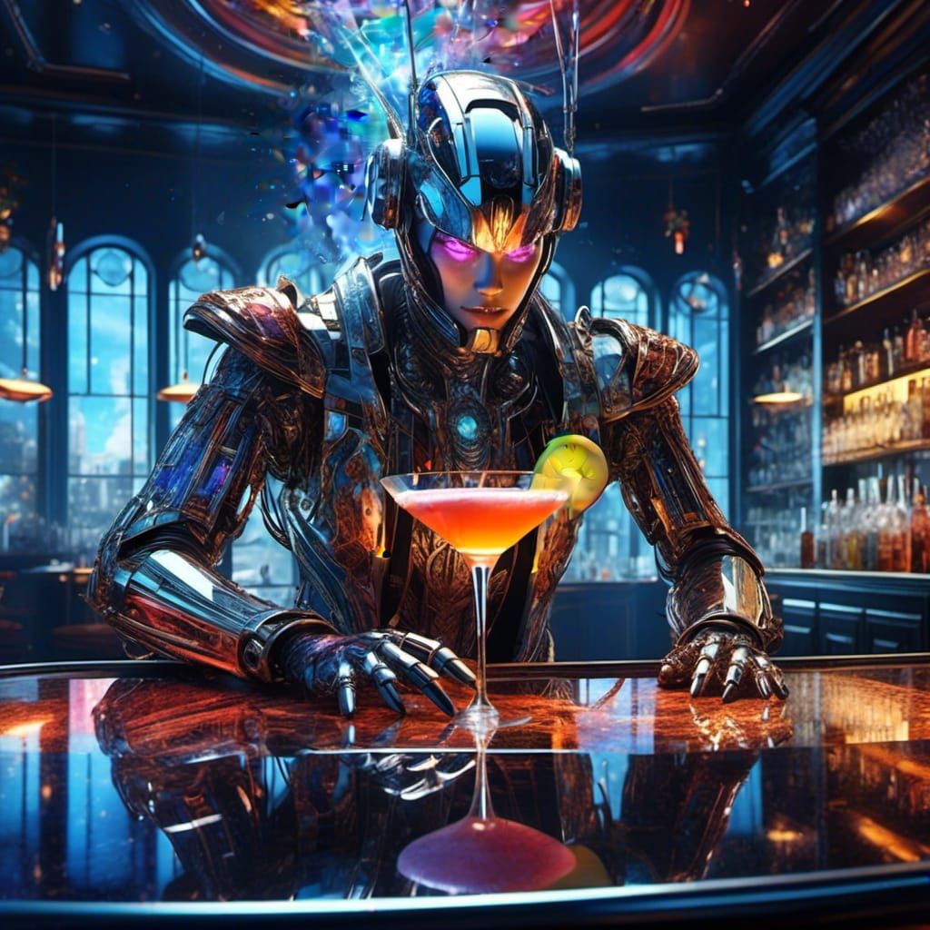 <lora:Shatteredglass:1.0>  HyperRealistic hyper detailed, double exposure portait epic high end tech robot serving elegant cocktails on silv...