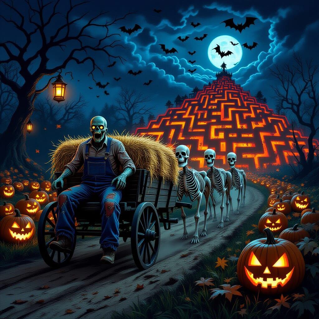 Zombie Drives Skeletal Horses Through Nightmare Halloween Sc...