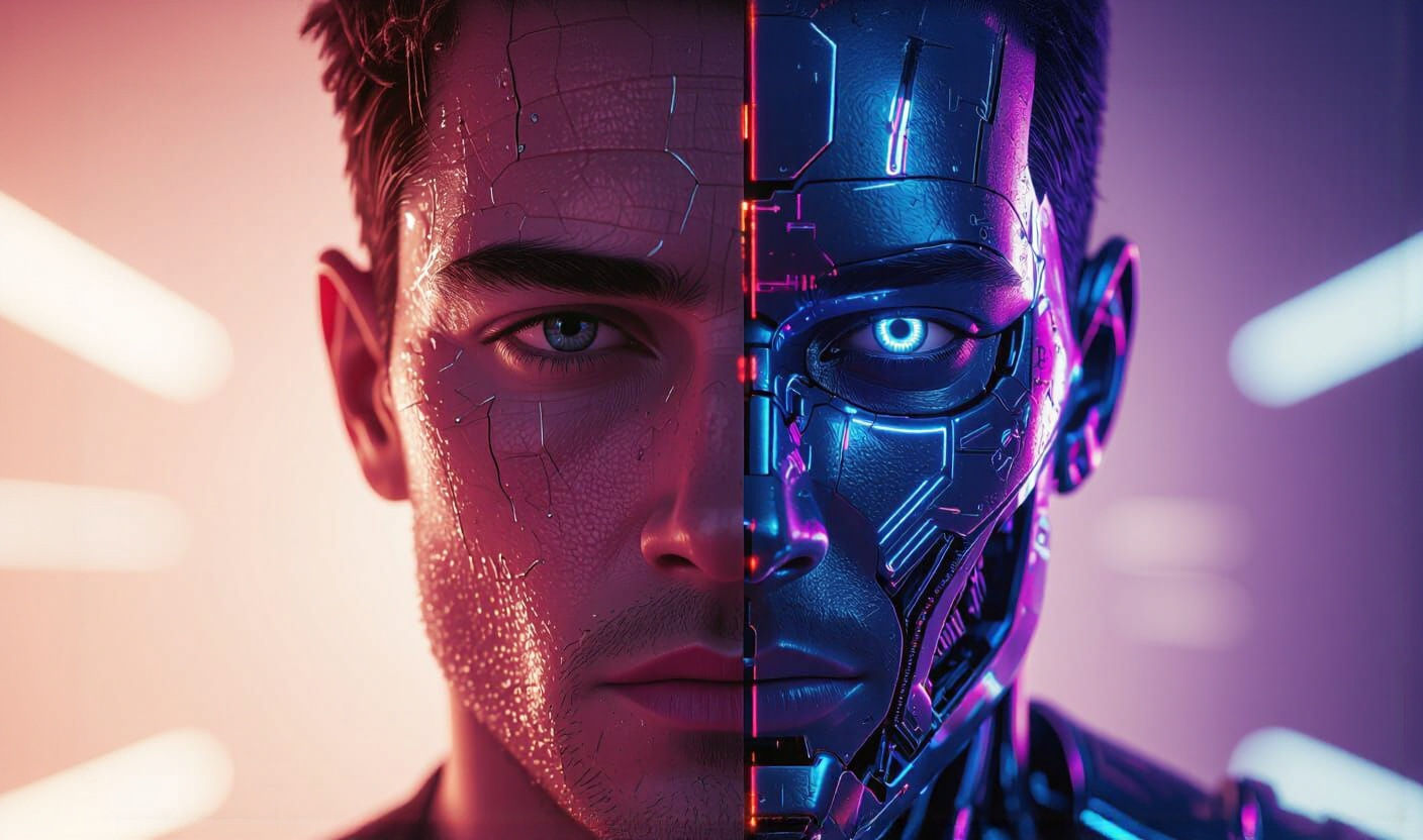 Close-up of a face split vertically: left side realistic human with detailed skin texture, right side futuristic metallic robot with glowing...