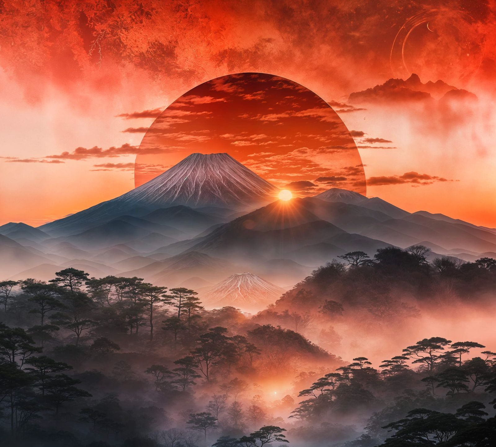 double exposure , Japanese lanscape ,copper red sun, dawn ignites the horizon  by @Shimmeringcosmos