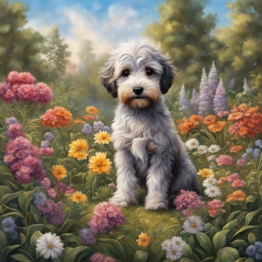 Airedoodle puppy in flower garden - AI Generated Artwork - NightCafe ...