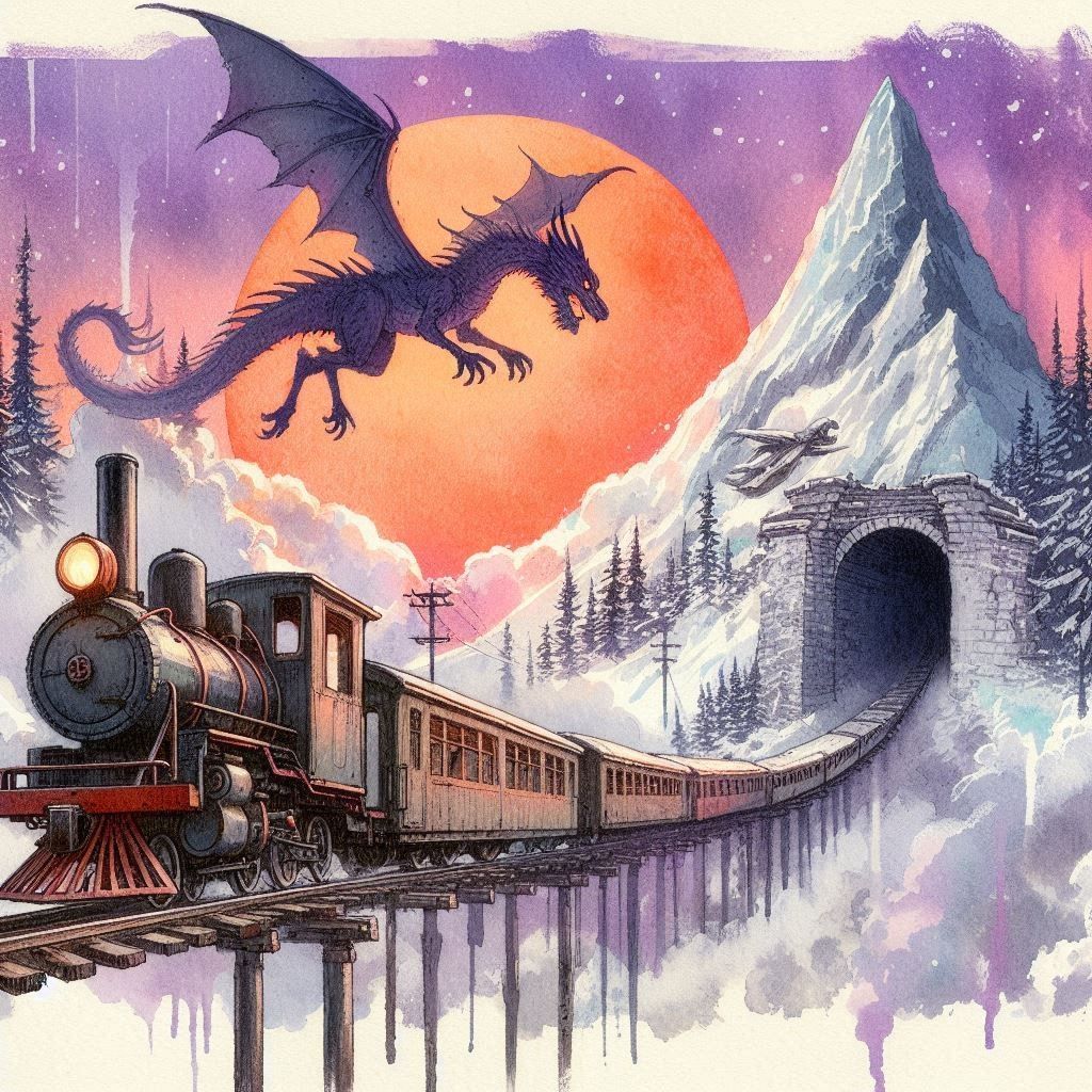 an old train on rickety tracks floating in the air