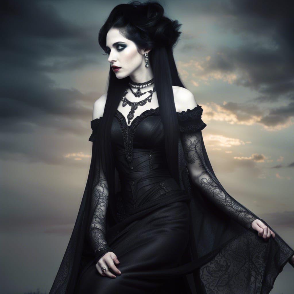 Gothic Hecate with long black hair& black eyes& smoky black eyeshadow ...