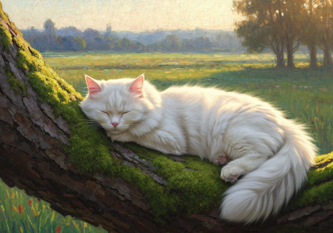 A cat napping, on a tree trunk.  by @Fisher