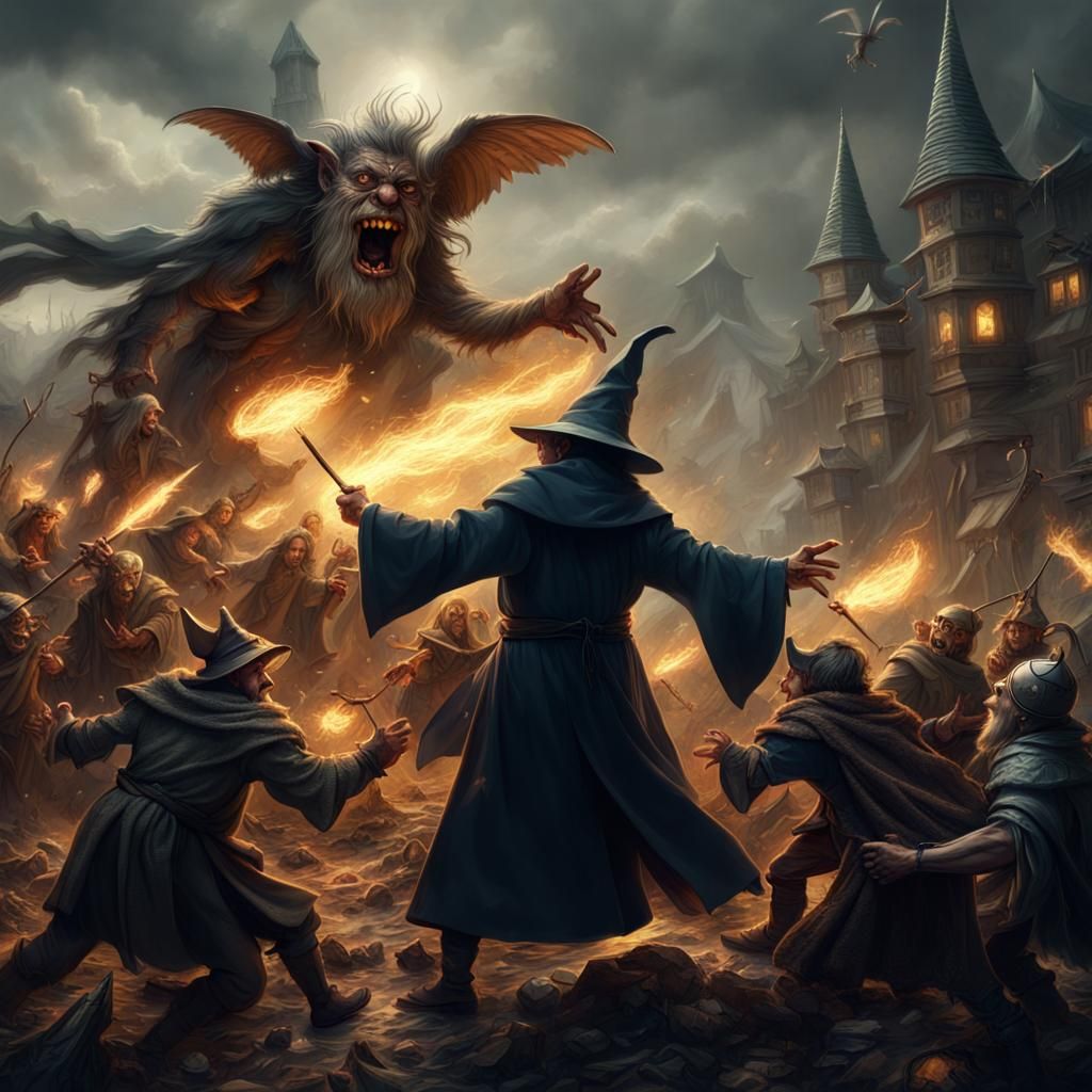 Wizard fighting off goblins