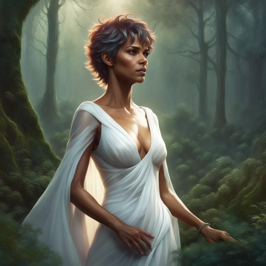 Halle Berry in the forest in a white dress  head and shoulde...