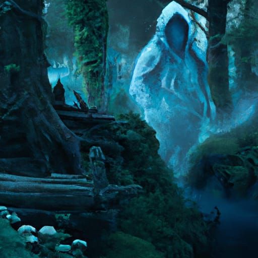 Ghostly specter in the woods detailed matte painting, deep c...