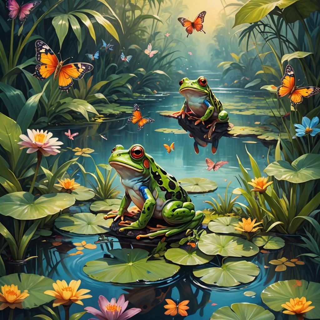 צרפדע חמודה קופצת על צמח מים 
 על רקע נוף מדהים ומסתורי ופרפרים חמודים בכל מקום ברקע הרים שמים נהדרים ושמחים