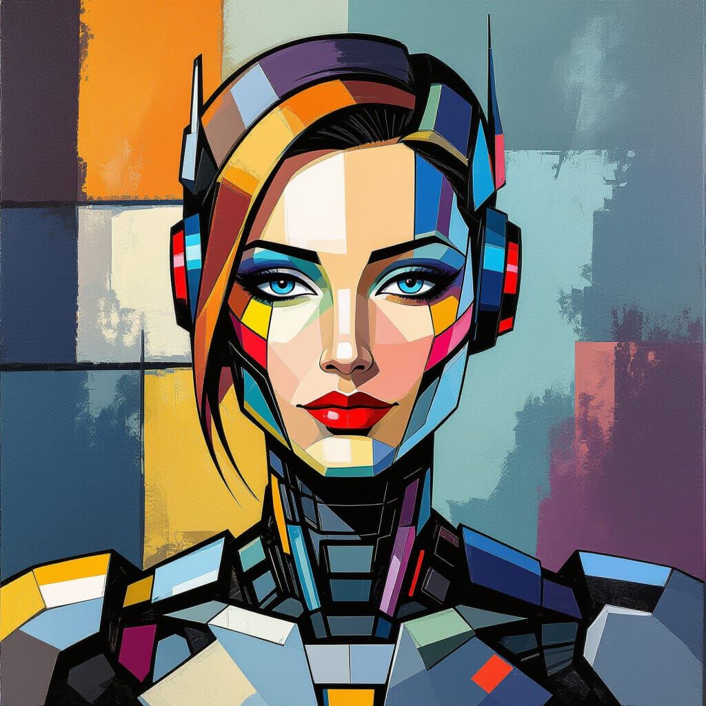 Cubist style masterpiece image of a beautiful female robot with a cubist style cyberpunk background. Facing the viewer. 