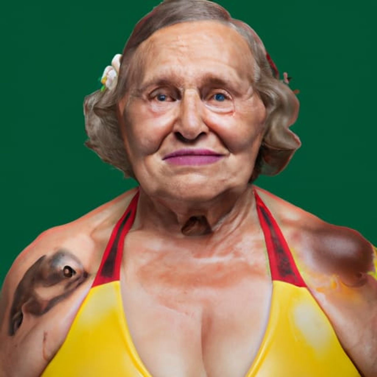 Grandmas Oil Wrestling In Small Bikinis Close up Portrait Color grandmas-oil-wrestling-in-small-bikinis-close-up-portrait-color