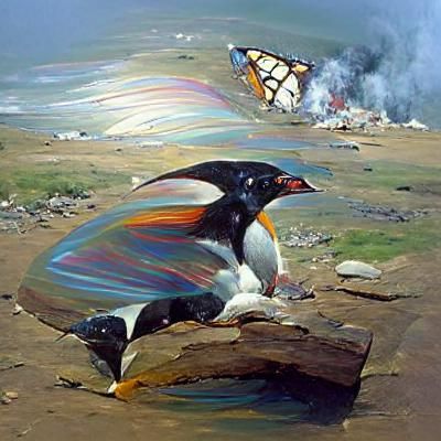 A giant, speckled penguin ejaculates a series of multi-color...