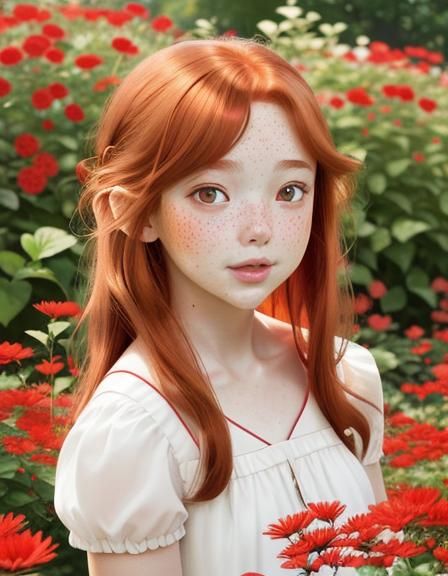 Auburn-Haired Girl Picking Flowers in Anime Style